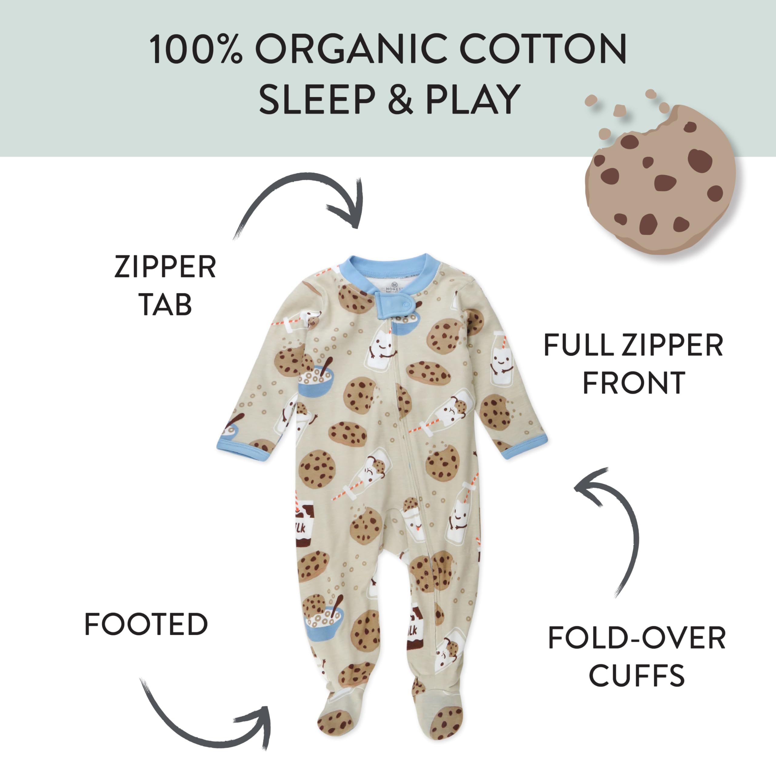 HonestBaby Sleep and Play Footed Pajamas One-Piece Sleeper Jumpsuit Zip-Front Pjs Organic Cotton for Baby Boys, Unisex