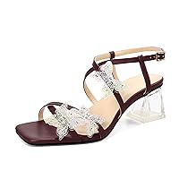 Butterfly Heels Heeled Sandals Rhinestone Crystal Butterflies Heels Open Toe Clear low Block Heels 2 Inch Women's Ankle Strap Shoes