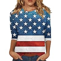2024 Trendy 3/4 Sleeve Tops for Women T-Shirt Casual Fourth of July Print Tops Shirt Round Neck Pullover Blouse 2024