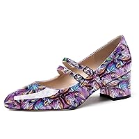 WAYDERNS Women's Adjustable Strap Mary Jane Round Toe Patent Low Chunky Heel Pumps Shoes 2 Inch