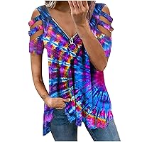 DESKABLY Off The Shoulder Tops for Women V Neck Low Cut Zipper Print Cold Shoulder Tops Short Sleeved T-Shirt Top