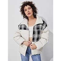 Women Jackets Plaid Panel Zip-up Puffer Coat Women Jackets (Color : White, Size : X-Small)