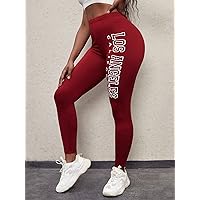 Letter Graphic Elastic Waist Leggings (Color : Burgundy, Size : X-Small)