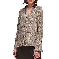 DKNY Womens Herringbone Button Up Shirt, Grey, Medium