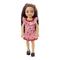 Chelsea Doll (Brunette) Wearing Ruffled Cherry-Print Dress and Black Shoes, Toy for Kids Ages 3 Years Old & Up