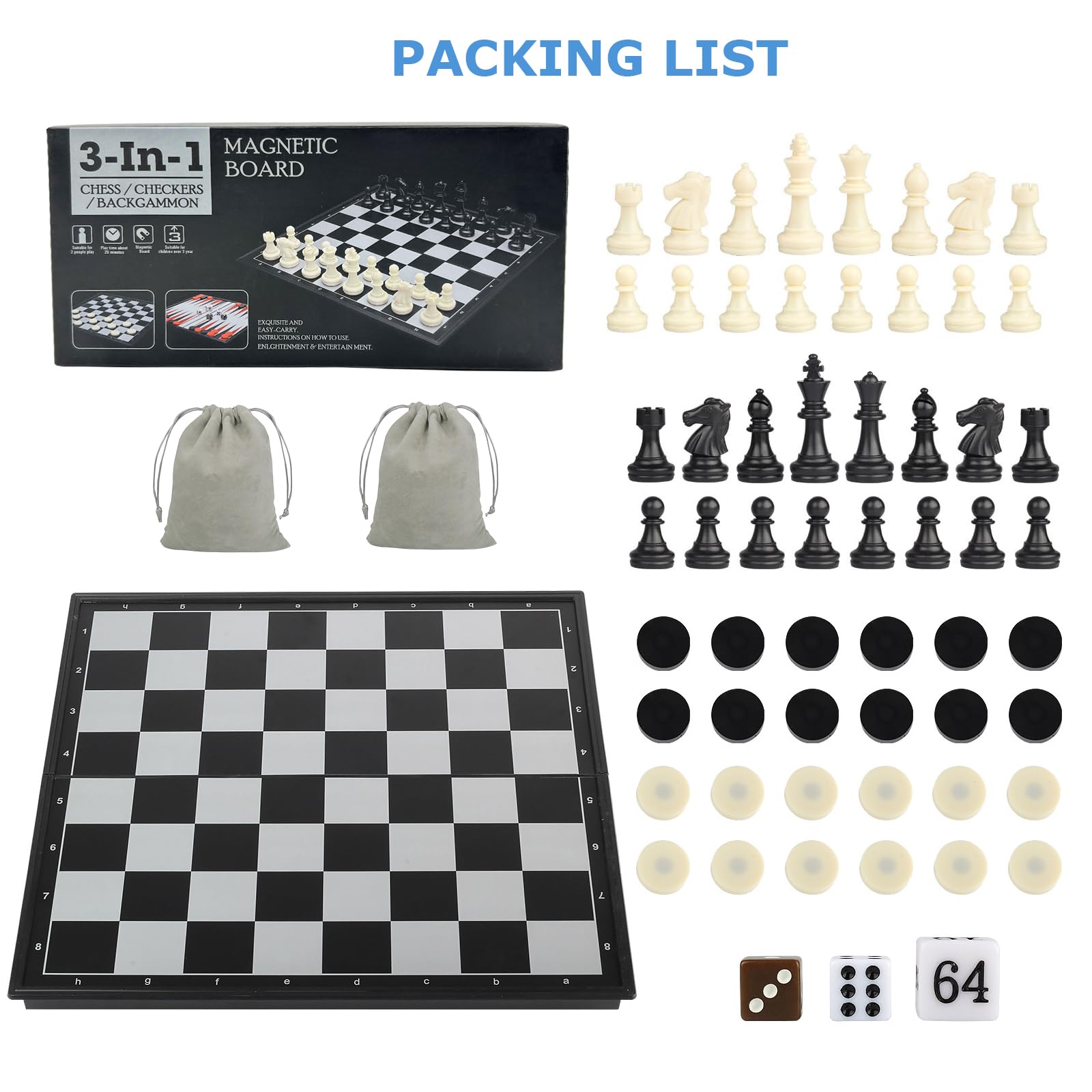 3 in 1 Chess Checkers Backgammon Set - 9.7 Inches Magnetic Travel Chess Set Portable Folding Board Game - 2 Storage Bag