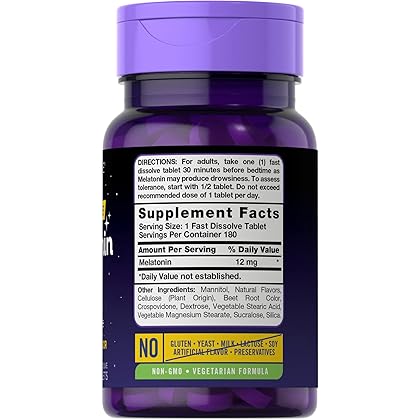 Carlyle Melatonin 12 mg Fast Dissolve 180 Tablets | Drug Free | Natural Berry Flavor | Vegetarian, Non-GMO, Gluten Free