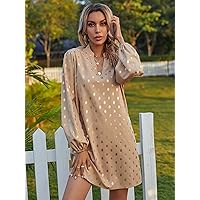 Dresses for Women - Notched Neck Gold Polka Dotted Tunic Dress Without Belt (Color : Apricot, Size : Large)