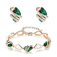 Leafael Wish Stone Stud Earrings and Bracelet Jewelry Set for Women, May Birthstone Emerald Green Crystal Jewelry, Silver Tone Gifts for Women