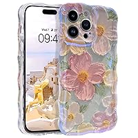 YINLAI Case for iPhone 14 Pro Max 6.7-Inch, Floral Colorful Retro Oil Painting Printed Flower Laser Glossy Pattern Cute Curly Wave Edge Women Girls Shockproof Protective Phone Cover, Green