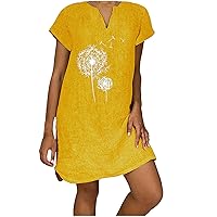 Women's Print Flowy Dress Swing Short Sleeve Knee Length Beach V-Neck Trendy Glamorous Casual Loose-Fitting Summer Yellow