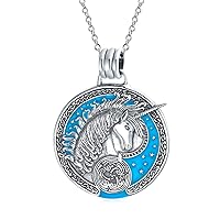 Bling Jewelry Unisex Round Statement Medallion Celestial Circle Crescent Moon And Sun or Blue Pegasus Mythical Unicorn Pendant Necklace For Women Men Teen Oxidized .925 Sterling Silver