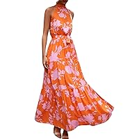 GRASWE Women Halter Neck Sleeveless Dress Boho Floral Print Dress Casual Waist Tie Maxi Dresses
