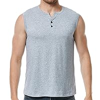 Mens Cotton Sleeveless T Shirts Button Round Neck Pullover Summer Sports Casual Solid Color Tank Tops