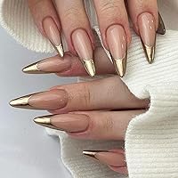 Gold French Tips Press on Nails Medium Stiletto Long Fake Nails Almond Shape Designs Full Cover False Nails Mirror Nail Tips Glue on Nails Acrylic Nails for Women Artificial Manicure 24Pcs