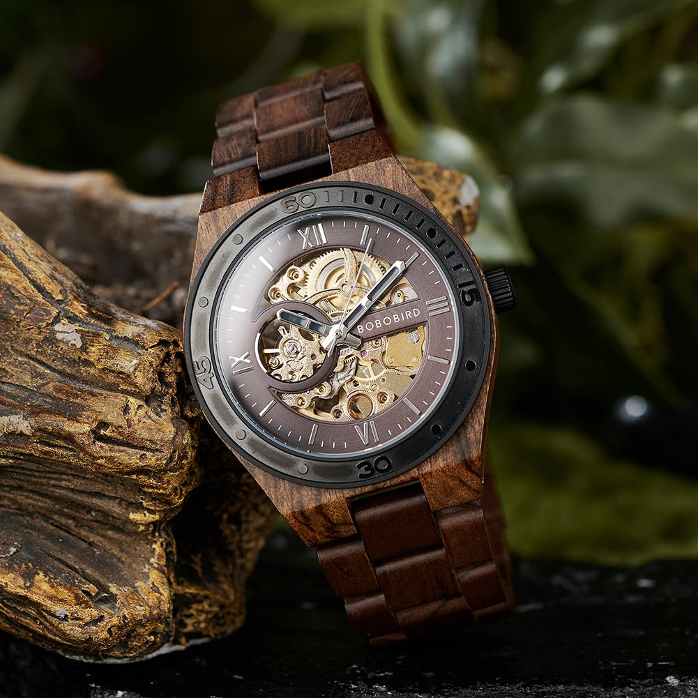 2win Herren Uhren Luxus Mechanisches Holzgehäuse Skelett Automatikwerk Selbstaufzug Leichte Echt Naturholz Band Armbanduhr