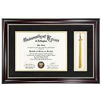 GraduationMall 11x17 Mahogany Diploma Frame with Tassel Holder for 8.5x11 Certificate Document,Real Glass, Black over Gold Mat