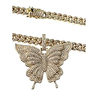 Womens 14k Gold Finish 10mm Miami Cuban Link Chain Choker Iced Out Butterfly Rappers Necklace Iced Prong Set Cuban Chain for Men, Miami Cuban Link Chain Choker Necklace (16