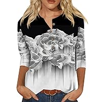 Womens 3/4 Sleeve Summer Tops Casual Button Down Blouses Dressy Printed Floral Graphic Tees Cooling Fitted T Shirts