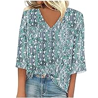2024 Summer Women's 3/4 Sleeve V Neck Floral Printed T-Shirt Tops Casual Fashion Regular Plus Size Tunic Tee Shirts