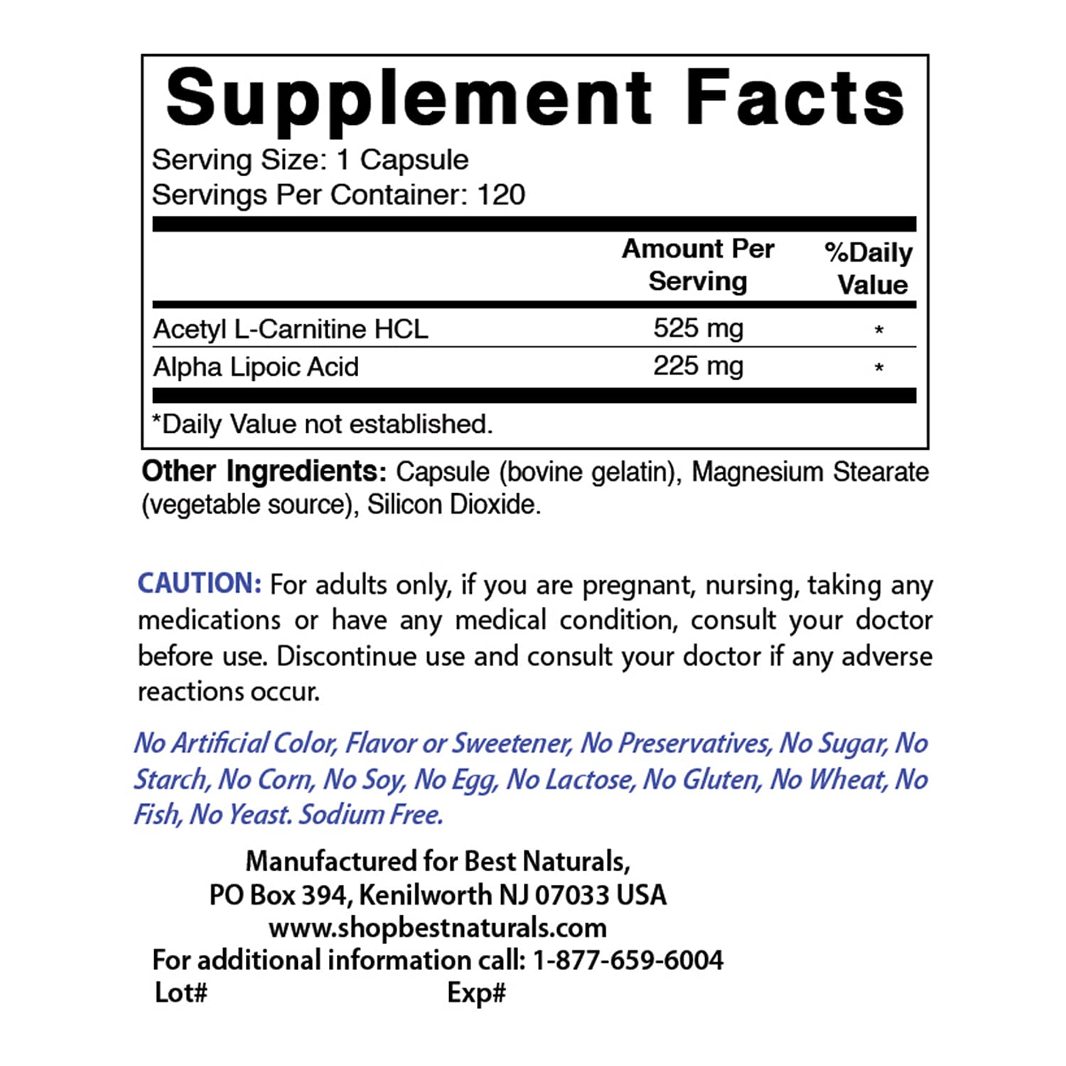 Best Naturals Acetyl L-Carnitine and Alpha Lipoic Acid 750 mg & Vitamin B-12 6000 mcg