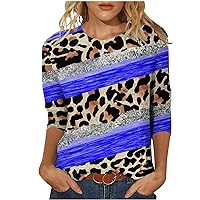 Womens 3/4 Sleeve Color Block Leopard Fashion T-Shirts Summer Casual Loose Fit 2023 New Crewneck Tee Tops