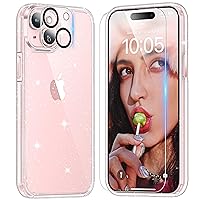 TAURI 5-in-1 for iPhone 15 Case Glitter, [Not Yellowing] with 2X Screen Protector + 2X Camera Lens Protector, [Military Grade Drop Protection] Bling Cute Sparkly Case for iPhone 15, Glitter Clear