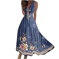 Women Summer Dresses V Neck Casual Long Dress Boho Waist Retraction Printed Maxi Sun Dress Swing Vacation Beach Dress