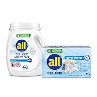Bundle of All Mighty Pacs Laundry Detergent, Free Clear for Sensitive Skin, Tub, 60 Count + all Fabric Softener Dryer Sheets for Sensitive Skin, Free Clear, 195 Count