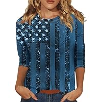 Independence Day 3/4 Sleeve Women's Top 2024, Flag Pattern T-Shirt Casual Plus Size Basic Crewneck Short Sleeve Pullover