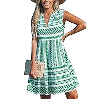 CUPSHE Women's Ruffle Beach Mini Dress Split V Neck A Line Sleeveless Geometric Stripe Tropical Leaf Pattern Summer Dresses