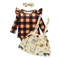 Baby Girl Gift New Born Toddler Kid Infant Newborn Baby Girls Hallowmas Long Ruffled Plaid Sleeve Romper Blouse Tops Cute Cartoon Suspender Skirt with Headbands Outfit Set 6 (Yellow, 12-18 Months)