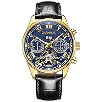 Men's 18k Gold Automatic Mechanical Wrist Watch Multifunction Calfskin Watchband (Black Strap-Blue Gold)