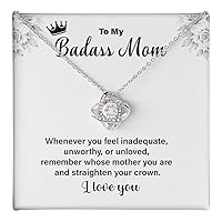 Mother's Day Necklace Gift To My Badass Mom From Daughter Or Son With I Love You Mom Message Card, Birthday, Anniversary Necklace Gift Ideas For Mom, Love You Knot Jewelry Gift For Her With Modern/Luxury Box