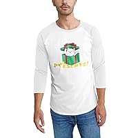 Ma Croix Mens Festive Winter Holiday Classic 3/4 Sleeve Digitally Printed Kitty Cat Gift Box Raglan Tee Shirt