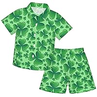 visesunny Toddler Boys 2 Piece Outfit Button Down Shirt and Short Sets Saint Patricks Day Clover Pattern Boy Summer Outfits