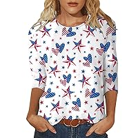 4th of July T-Shirt for Womens Tops Fashion Casual Three Quarter Sleeve Independence Day Print Round Neck Pullover Top Blouse