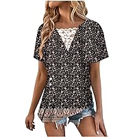Women Button Ruched High Low Hem Asymmetrical Tops Summer Bohemian Floral Lace Patchwork V Neck Short Sleeve Shirts