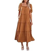 PRETTYGARDEN Womens Casual Maxi Dresses Summer Short Sleeve Off The Shoulder Ruffle Tiered Flowy Boho Party Beach Long Dress