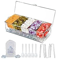 Chilled Condiment Server, Clear Garnish Tray with Lid for Bar for Parties with 5 Removable Compartments, Ice Serving Bowl, Serving Containers for Fruit, Caddy, Snack, Sauce