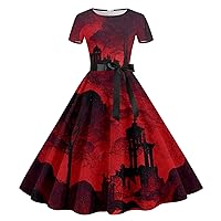 Halloween Castle Dress Women's 1950s Retro Vintage Short Sleeve Cocktail Swing Dress Audrey Hepburn Patchwork Dress