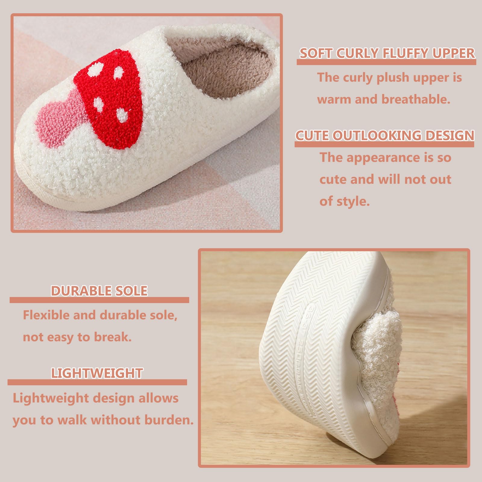 V OPXIN Valentines Slippers for Womens Mens Cute Slippers Cozy Plush Warm Slip-on House Shoes for Indoor and Outdoor Strawberry Mushroom Evil Eyes Love Heart Slippers Valentine's Day Gifts