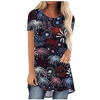 4th of July Womens Cute Heart Tunic Tops Short Sleeve American Flag T-Shirts Summer Casual Loose Fit Blouses for Leggings