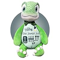 Baby Birth Stats Plush - Birth Announcement Stuffed Animals - Personalized Baby Keepsake - Baby Shower Gift - Birth Information Plush - Great 1st Stuffed Animal - Removable Cover (Green Dinosaur)