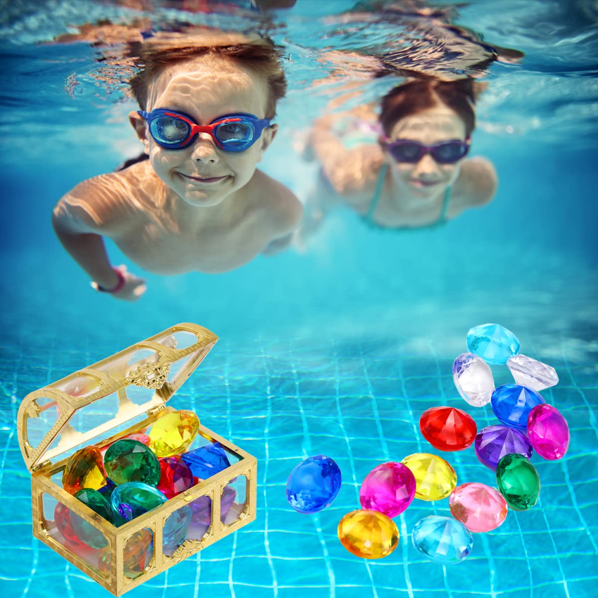 XIJUAN Diving gem Pool Toys Sand Toys,14 Color Diamond Treasure Chest Summer Swimming gems Pirate Diving Toy Set Underwater Swimming toyChildren's Game Gifts for Boys and Girls (Golden)