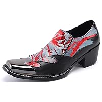 Men's Loafers Graphic Print Genuine Leather Crystals, Metal Square-Toe Smoking Slippers Casual Shoes