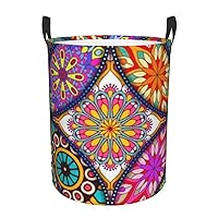Round Mandala Printed Laundry Hamper with Durable Handle Foldable Laundry Basket for Bathroom Bedroom Waterproof Organizer Basket Dirty Clothes Organizer Bag for Dorm