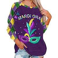 Women's Mardi Gras Outfit Fashion Raglan Sleeve Carnival Theme Clothing Party Mask Printed Casual Shirt, S-3XL