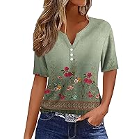 Blouses for Women Dressy Casual 2024 Summer Spring Short Sleeve V Neck Loose Tunic Tops Printed Button T Shirts