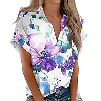 Fashion Plus Size Fall Tunics Women's Pub Short Sleeve Button Up Light T Shirts Womans Polyester Print Slim Purple XL